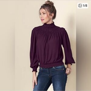 Smocked High-Neck Long-Sleeve Top - Plum